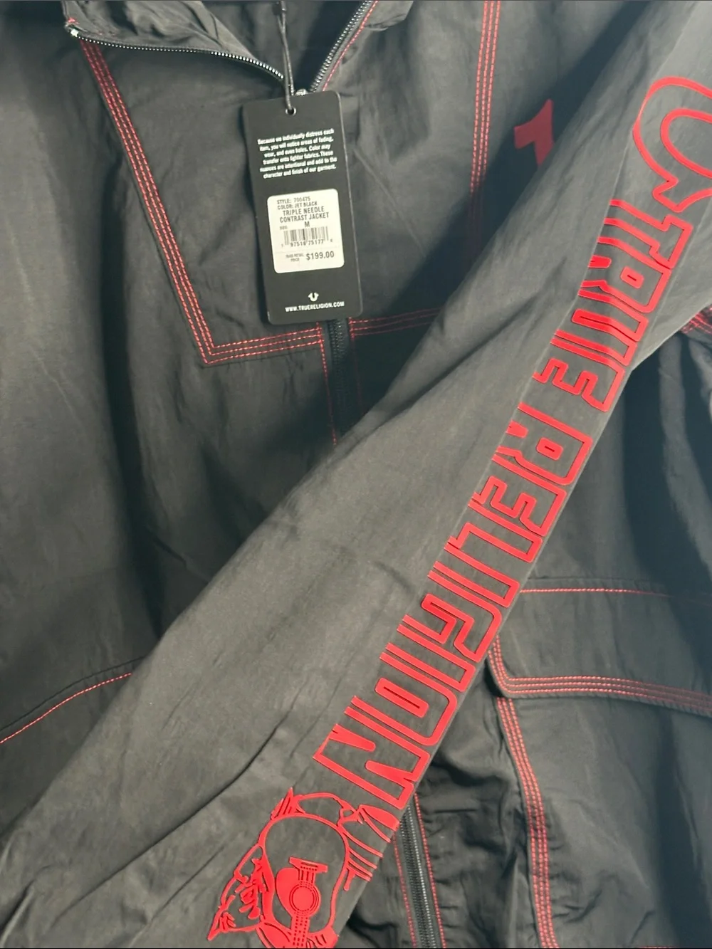 True Religion Black Hooded Windbreaker with Red Accents size M new